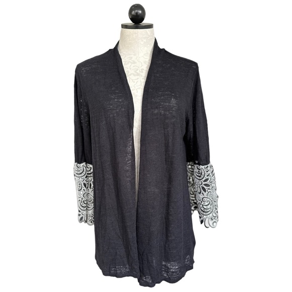 Alfani Open Front Linen Cardigan Black Sweater White Lace Bell Cuffs Size Large - Picture 2 of 16